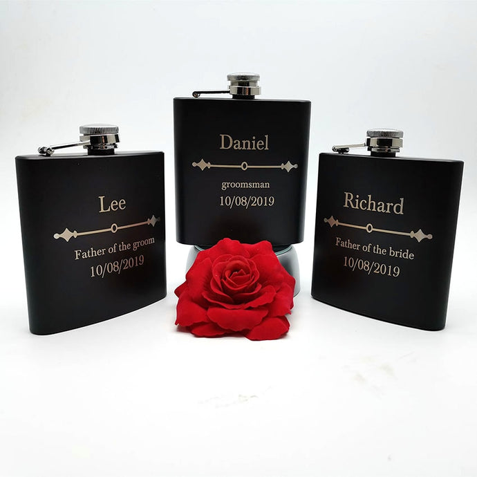 6oz  Personalized Hip Flask Custom black leather stainless steel Laser Engraved Gift for Him, Groomsmen Gifts Be My Best Man
